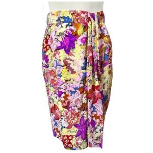 90s Oleg Cassini Silk Faux Wrap Skirt Yellow Floral Size 4